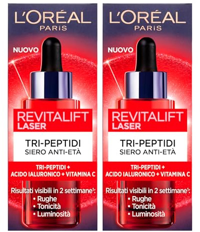 L'Oréal Paris Serum Revitalift Laser Tri-Peptide feuchtigkeitsspendende elastische Anti-Aging-Serum mit Hyaluronsäure und Vitamin C – 2 Flaschen à 30 ml