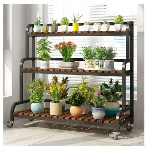 Zfmnoyev Plant Ladder Shelving for Outdoor Indoor, 3 Tier Metal and Wood Flower Pot Organizer Shelf, Tiered Planter Display Stand with Wheels, for Patio Garden Balcony Yard(Black-B,120x40x105 cm)