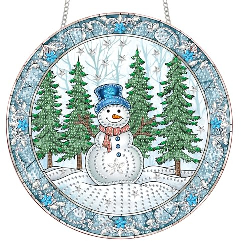 Reofrey Diamond Painting Doppelseitig Anhänger Acrylbrett mit Kette - 20x20cm Weihnachten Schneemann Diamant Painting Fensterbilder Deko Set Kristall Malerei Anhänger für Wand Fenster&Garten Schmücken