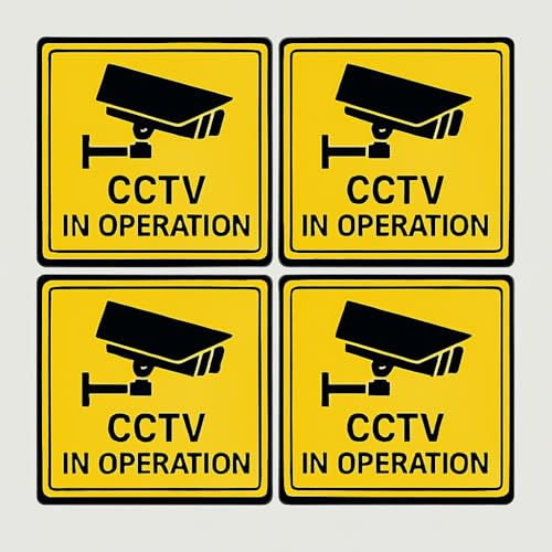 Inside Window CCTV Stickers 4 Pack – 100 x 100 mm | Applies to indoor glass | Reads clearly outside | Camera security warning | Printed side adhesive