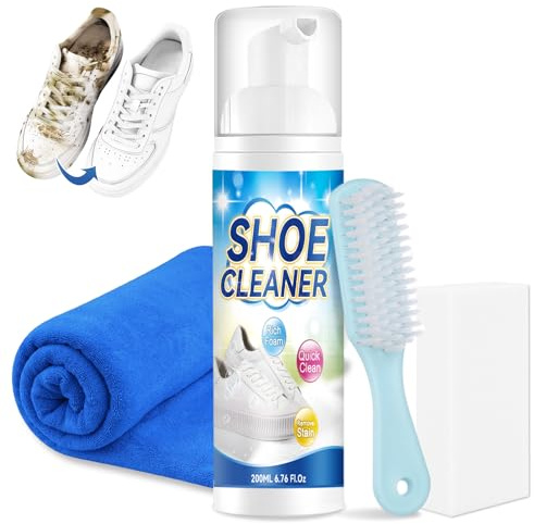 Auensten Nettoyant Chaussure, Kit Nettoyage Chaussure 200 ml, Inclus avec Brosse, Chiffon et Éponge, Nettoyant Daim Chaussure pour Nettoyer en Douceur le Daim et les Sneakers (Blanc)