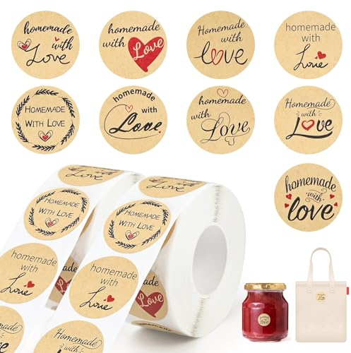 Alethron Marmeladen Etiketten, 1000 Stück Handmade with Love Aufkleber 2.5cm Runde Etiketten für Marmeladengläser Kraftpapier Handmade Aufkleber Selbstklebend Marmelade für Briefumschlag Geschenktüten