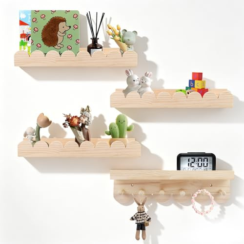 VeftBltrem 4er Set Bücherregal Kinder Wand, 40cm Wandregal Kinderzimmer mit Holzhaken für Spielzeug Bilder und Bücher, Holzregal Wand, Montessori Schweberegal für Babyzimmer Kinderzimmer