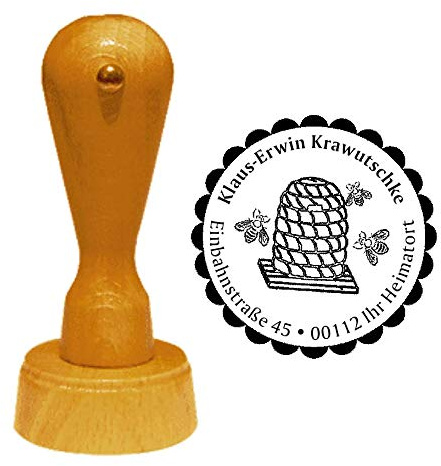 Stempel Adressstempel « IMKER - BIENENKORB » Durchmesser ca. Ø 40 mm - mit persönlicher Adresse, Motiv und Zierrand - Beruf Imkerei Bienenstock