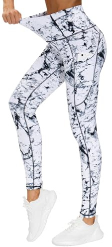 THE GYM PEOPLE Thick High Waist Yoga Pants with Pockets, Tummy Control Workout Running Yoga Leggings for Women (Large, Marble)