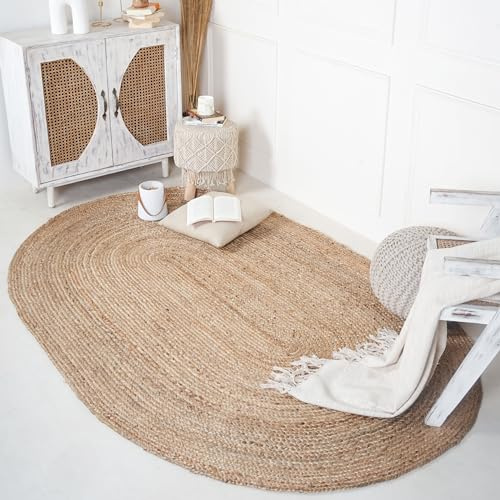 RAJRANG Tapis Ovale en Jute - Tapis de décoration de Sol tissé réversible en Fibre Naturelle tressée à la Main - 181x121 cm