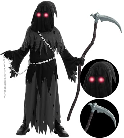 Spooktacular Creations Child Unisex Glowing Eyes Reaper Costume for Creepy Phantom Halloween Costume (Medium (8-10 yrs))