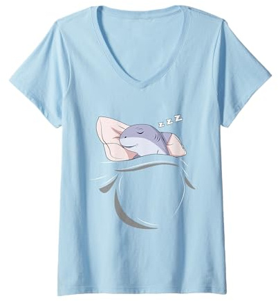 Mujer Tiburón Dormir Siesta Pijama Regalo Tiburón Camiseta Cuello V