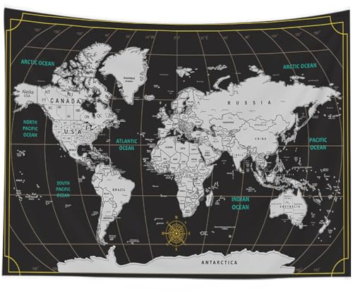 CAPSCEOLL Wandteppich, Weltkarte, Wandbehang, schwarz-weiß, Wandteppich, Heimdekoration für Zuhause, 101,6 x 76,2 cm, Karte für Kinderzimmer, Wandkunst