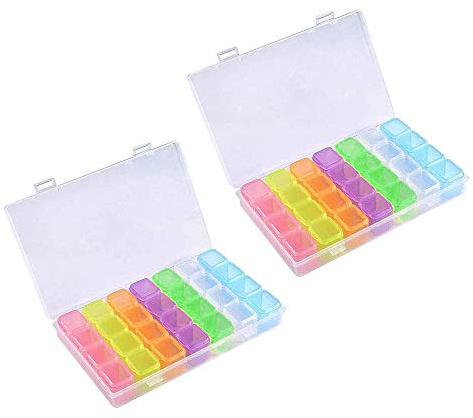 YKKJ 2 x diamond embroidery box, plastic sorting box, jewellery box, tool container, colourful, clear, removable, for diamond painting, nail art, jewellery, beads (28 compartments) boxes