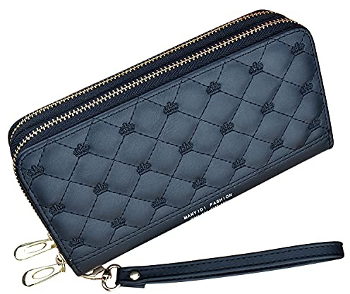 Damplånbok med dubbel dragkedja plånbok PU läder telefon plånbok för kvinnor stor kapacitet lång clutch plånbok med flera kortplatser armband plånbok, Schwarz6, Einheitsgröße, Modebetonad