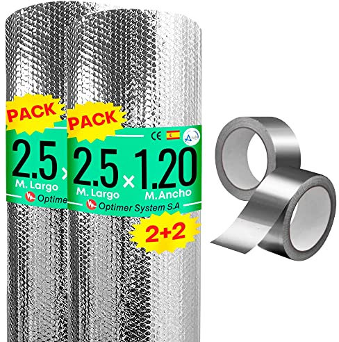 Optimer System - Aislante Termico Radiadores reduce el Frio - Aislante Termico Reflexivo - 2.5x1.20m - Pack 2 uds - Incluye 2 Cintas de Aluminio y 2 Cintas de Doble Cara