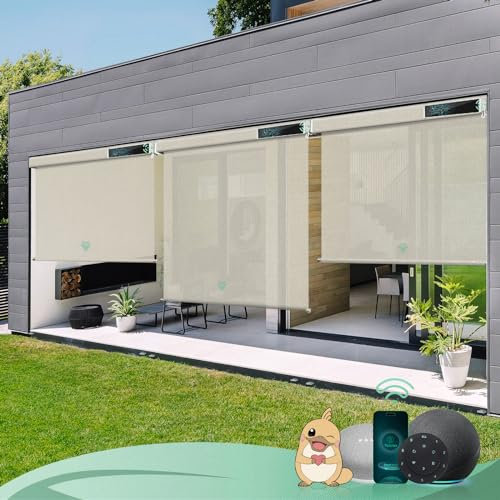 Yoolax Elektrische Außenrollo Senkrechtmarkise Balkonrollo mit Fernbedienung, Kompetibel mit Alexa Google Home, Sonnenschutz/Wetterfest/Anti-UV Außen Elektrische Rollo für Garten, Nach Maß(Beige)