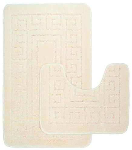 Greek Bath Mat 2 Pcs Set Non-Slip Bath Rug Toilet Mat Washable Bathroom Mats Rugs Absorbent Soft Rug for Bathtub Bathroom Includes 1 Bath Mat (50 X 80cm) And 1 Pedestal Mat (50 X 40cm) (CREAM)