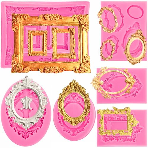 Elsjoy 6 Stück Bild Frame Silikon Fondant Formen, rosa Kuchen Form Vintage Foto Frame Fondant Form für Kuchen dekorieren, Zucker, Schokolade, Butter, Barock Stil