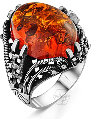 mysilverworld 925 Sterling Silver Oval Baltic Amber Stone Men's Ring (10)