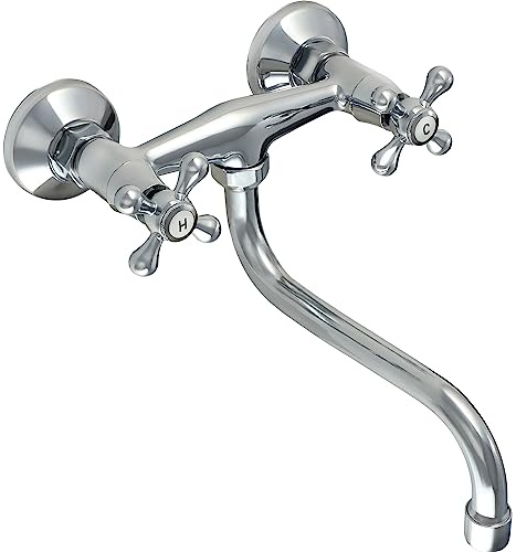 gospo Küchenarmatur, Spültischarmatur für Wandmontage, Retro Mischbatterie mit Montageset und Dichtungen, Klassische Wandarmatur, Waschtischarmatur mit langer Ausführung (Chrome)