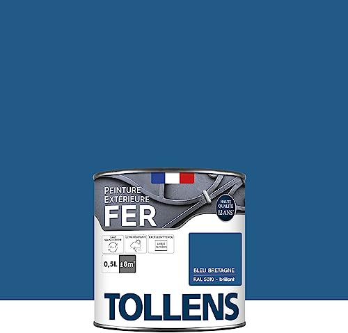 Tollens - Peinture extérieure fer 2 en 1 - Ultra Résistante - Protection antirouille - Laque Riche en Résine - Sans Sous-Couche - Entretien Facile - Satin - Bleu Bretagne - 0,5L = 8m2