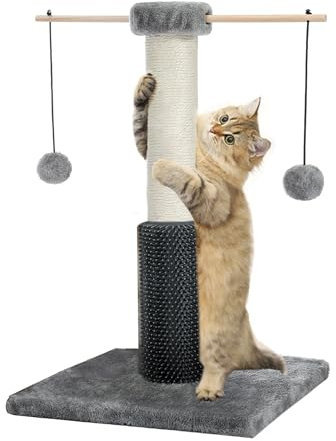 HOMYHANDS Cat Scratching Posts 53CM for Indoor Cats with Self Groomer Removable Pom Sticks, 22.4 Durable Sisal Cat Scratcher with 2 Dangling Balls,Cat Toys for Medium Cats Kittens (Grey)