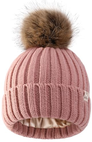 Hat Hut Bommelmütze Damen Satin gefütterte Beanie-Mütze Warme Wintermütze Mit Kunstpelz Bommel Strickmütze Pom Pom Beanie Hat (DE/NL/SE/PL, Alphanumerisch, Einheitsgröße, Rosa)
