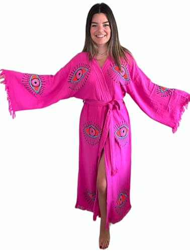 muslin babies Handmade Evil Eye Kimono - Fuchsia Festival Women Clothing - Bohemian Robe - Boho Cotton Cardigan - Dressing Gown, Fuchsia, One Size