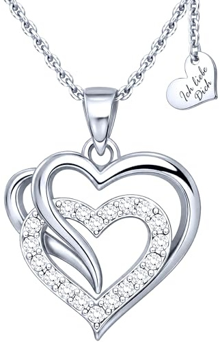 Limana Herzkette Damen 925 Sterling Silber, Halskette mit Herz Anhänger und Zirkonia, Kette Geschenk für Frauen Freundin, Zusatzherz Ich liebe Dich, inkl. Schmuckdose und Geschenktasche