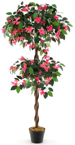 COSTWAY 150cm Kunstbaum mit Blüten, Kunstpflanze im Topf, Zimmerpflanze mit 252 Blüten & natürlichen Blättern & Stamm, künstlicher Blumen Kunstblume, Blumenbaum für Zuhause Büro, Rosa