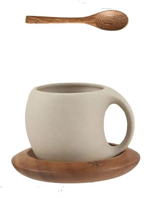 Tazza da caffè e tè in ceramica con piattino in legno di acacia naturale (226,8 g), ideale per latte, cappuccino, tè o espresso. Tazza artistica in porcellana non smaltata (natura)