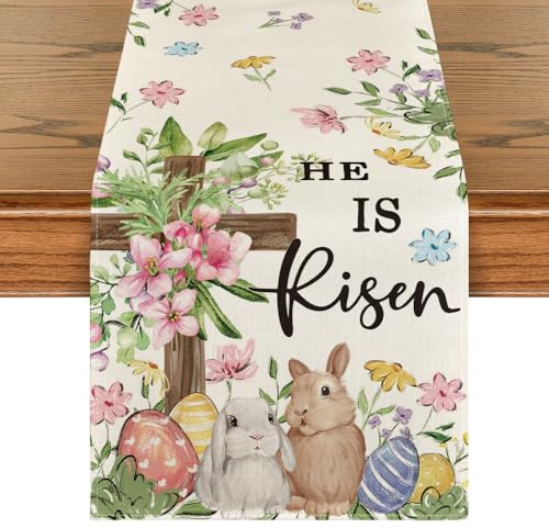 Artoid Mode Bunny Rabbits Eggs He is Risen Easter Table Runner, Seasonal Spring Kitchen Dining Table Decoration for Home Party Decor 13x72 Inch