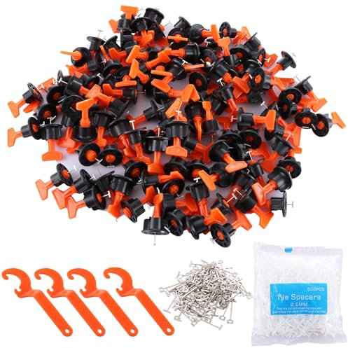 LOLYSIC Tile Leveling System, 200Pcs Tile Leveler Spacers with 4 Special Wrench, 500Pcs 2mm (1/12) Spacers, 100Pcs T Needles, Tiles Installation Tool Kit for Wall Floor Building