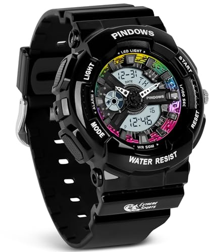 PINIDOUS Montre pour Femmes Montre pour Adolescents étudiants Outdoor Waterproof Montres de Sport Analogiques Numériques avec Chronomètre,Alarme,Compte à Rebours,Rétroéclairage 7 Couleurs