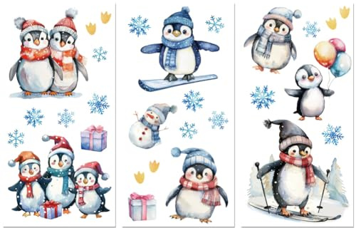 Peacoblue UV DTF Rub-On Transferfolie Möbel-Sticker Winterpinguine und Schneeflocken 15x30cm, 3 Stk. Wasserfeste Deko-Transferaufkleber für Möbel Glas Porzellan Wäscheschränke Kommoden Kunststoff | 3er Set UV DTF Transfersticker 15x30cm, Wasserfeste Dekorfolie für Möbel, Schubladen, Holz, Glas und Keramik