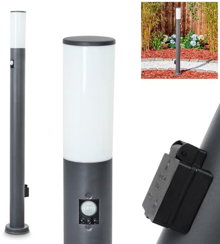 HOFSTEIN Wegeleuchte Caserta, Außenwegeleuchte mit Bewegungsmelder u. Steckdose aus Metall/Kunststoff in Anthrazit/Weiß, moderne Außenleuchte für Garten, Außenbereich, Hof, Terrasse, 110cm, E27, IP44