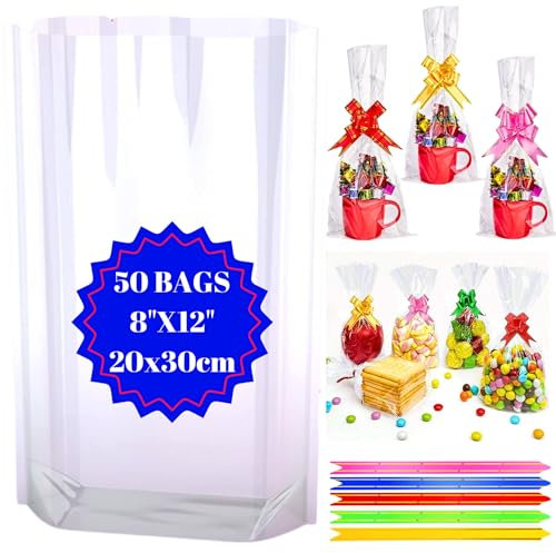 MAARA Cellophane Bags, Pack of 50 (8X12/20X30CM) Medium Clear Sweet Bags, Food Safe Cookie Bags With Bows, Treat And Party Bags For Mugs, Flat Bottom Plastic Cellophane Gift Bags