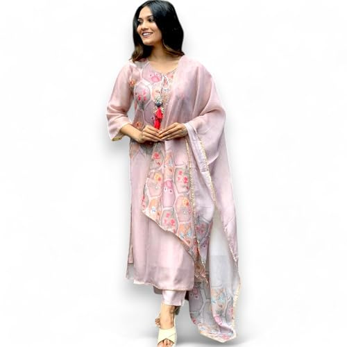 RangMahal Indian Chanderi broderad organza kurta byxa och Dupatta set, lavendel, XXL