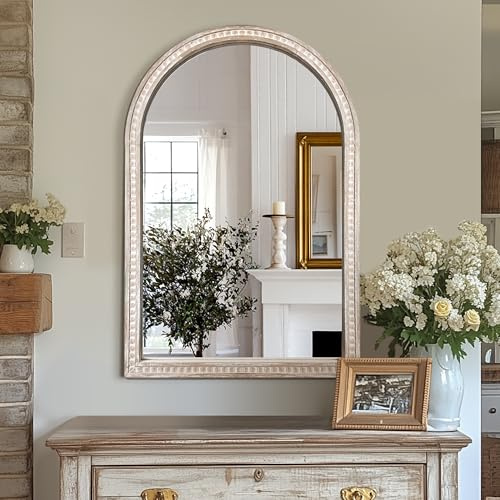 AMOISE Arched Vanity Wall Mirror 36 x 24 Inch Beaded Wood Frame Boho Farmhouse Decorative Mirror for Bathroom Bedroom Entryway Living Room