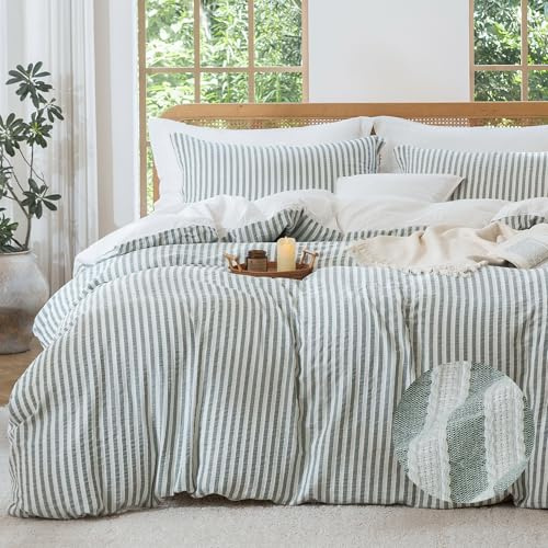 MILDLY Jacquard Stripe Duvet Cover - 100% Washed Cotton Sage Green Textured Spring Comforter Cover 3pcs with Zipper Closure 90x90