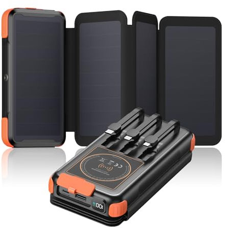 Blivein Power Bank Solare caricatore - 25000mAh Caricatore Portatile con 3 Cavi Integrati - 20W Caricabatterie Portatile Carga Rapida con 4 Pannelli Solare, USB C Powerbank con Torcia per Esterni