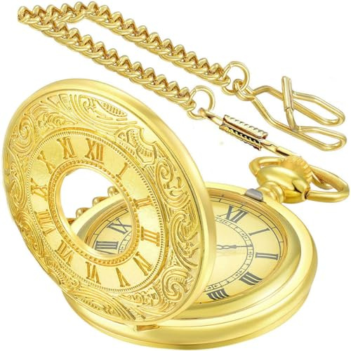 YUYWWAN Taschenuhr mit Kette Herren, Vintage Taschenuhren, Römische Ziffern Pocket Watch, Klassische Taschenuhr mit Taillenkette, Analog Taschen Uhr Vintage für Frauen Männer (Gold)