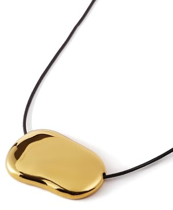 Grozilym 18K Chunky Gold Silver Long Pendant Necklace for Women, Minimalist Charm on Adjustable Black Cord, Statement Bean Pebble Necklace Jewelry