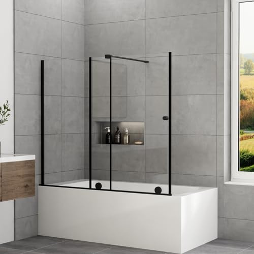 WOWINNE Duschwand für Badewanne mit Schiebetür Schwarz Duschwand für Badewanne 115x140cm Badewannenaufsatz Duschtrennwand Duschabtrennung mit 6mm ESG Sicherheitsglas