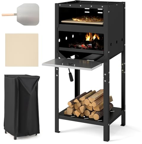 TANGZON 12 Inch Wood Fired Pizza Oven, Outdoor Pizza Maker | Freestanding Patio Cooking Grill with Pizza Stone, Pizza Peel, Protective Cover, Ash Tray and Wood Storage for BBQ
