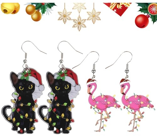 QITHGYD Ohrringe Weihnachten, Weihnachtsohrringe Damen, 2 Stück Set Schwarz Katze Und Rosa Kranich, Weihnachtspullover Damen, Weihnachtsschmuck Für Partys Und Täglichen Stil
