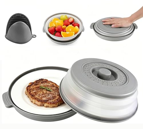 Microwave Cover for Food, Collapsible Microwave Splatter Cover with Anti-scald Base Mat, 10.5-inch Microwaves Plate Covers & Lid, Kitchen Gadgets with Silicone Oven Mitt for Safe Meal Prep (Gray)