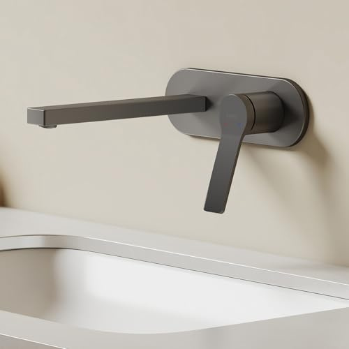 EMKE Waschtischarmatur für Wandmontage, Unterputz Wasserhahn Bad, Mischbatterie Waschbecken wassersparend, Badarmatur mit Auslauflänge 210 mm, Armatur mit Temperaturregulierung, Anthrazit Matt