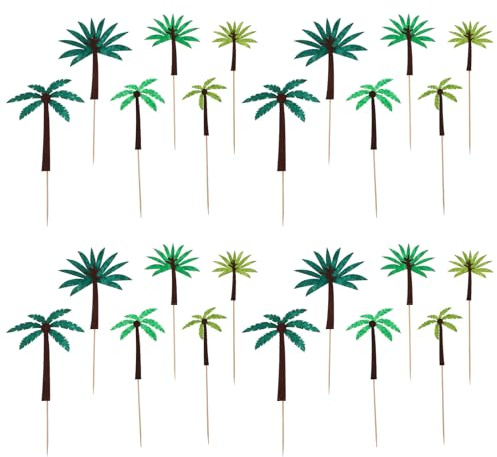 DEARMAMY 24pcs Hawaiian Cake Toppers Palm and Coconut Tree Fruit Ornaments Decorative Cake Supplies for Tropical Luau Party Beach Themed Birthday Decorations