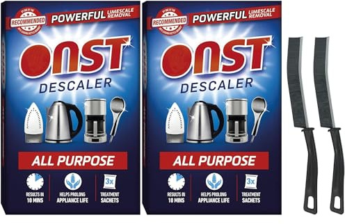 All Purpose Descaler, Powerful Limescale Remover for Kettles, Coffee Machines, Irons, Shower Heads, Fast Acting Treatment, 6 Sachets x 25ml, Pack of 2 (With 2 Crevice Brush)