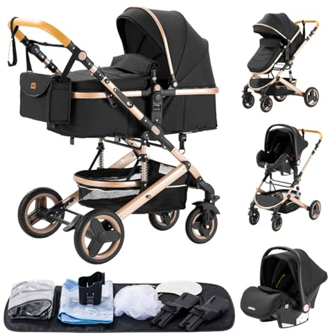 YAZOCO 3 in 1 Prams Travel System, Foldable Lightweight Baby Stroller, Adjustable Handle, Aluminum Frame for Newborn 0-4 Years Changing Bag (530 Black)