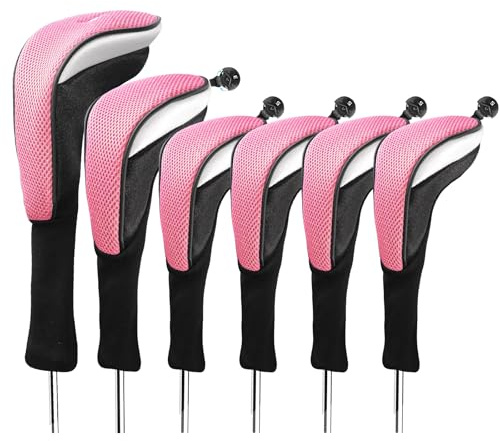 BRAMASOLE Golf Club Head Covers for Woods Driver Fairway Hybrids Value 6 Pack, Long Neck for Serious Protection with Interchangeable Tags 3 4 5 7 X, Headcovers for Men Women in Black & Pink (Pink)
