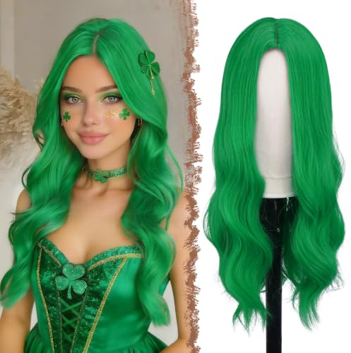 FESHFEN Pelucas Largas Onduladas Verde Pelo Largo Pelucas Despedida Separación Media Peluca Sintética para Mujeres Pelucas de Cabello Fiesta Halloween 60cm | Peluca de pelo ondulada sintética natural resistente al calor para Halloween, carnaval, cosplay, 60 cm